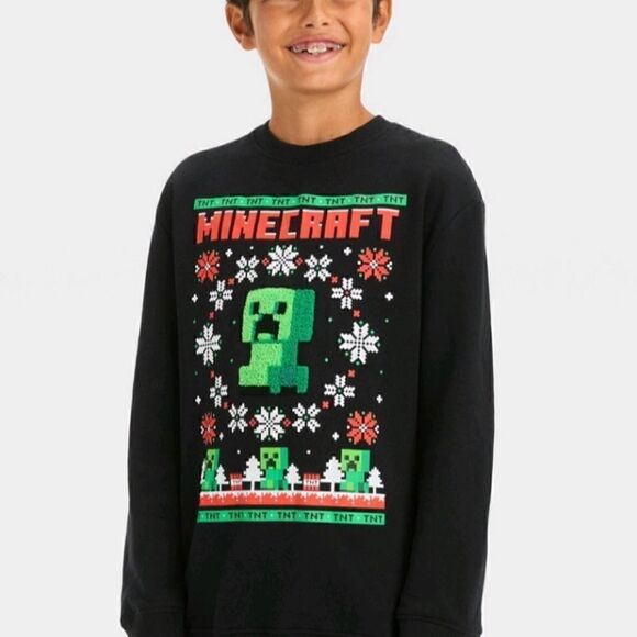 Nwt Boys' Minecraft Holiday Christmas Pullover Sweatshirt - Black XS - Picture 4 of 6